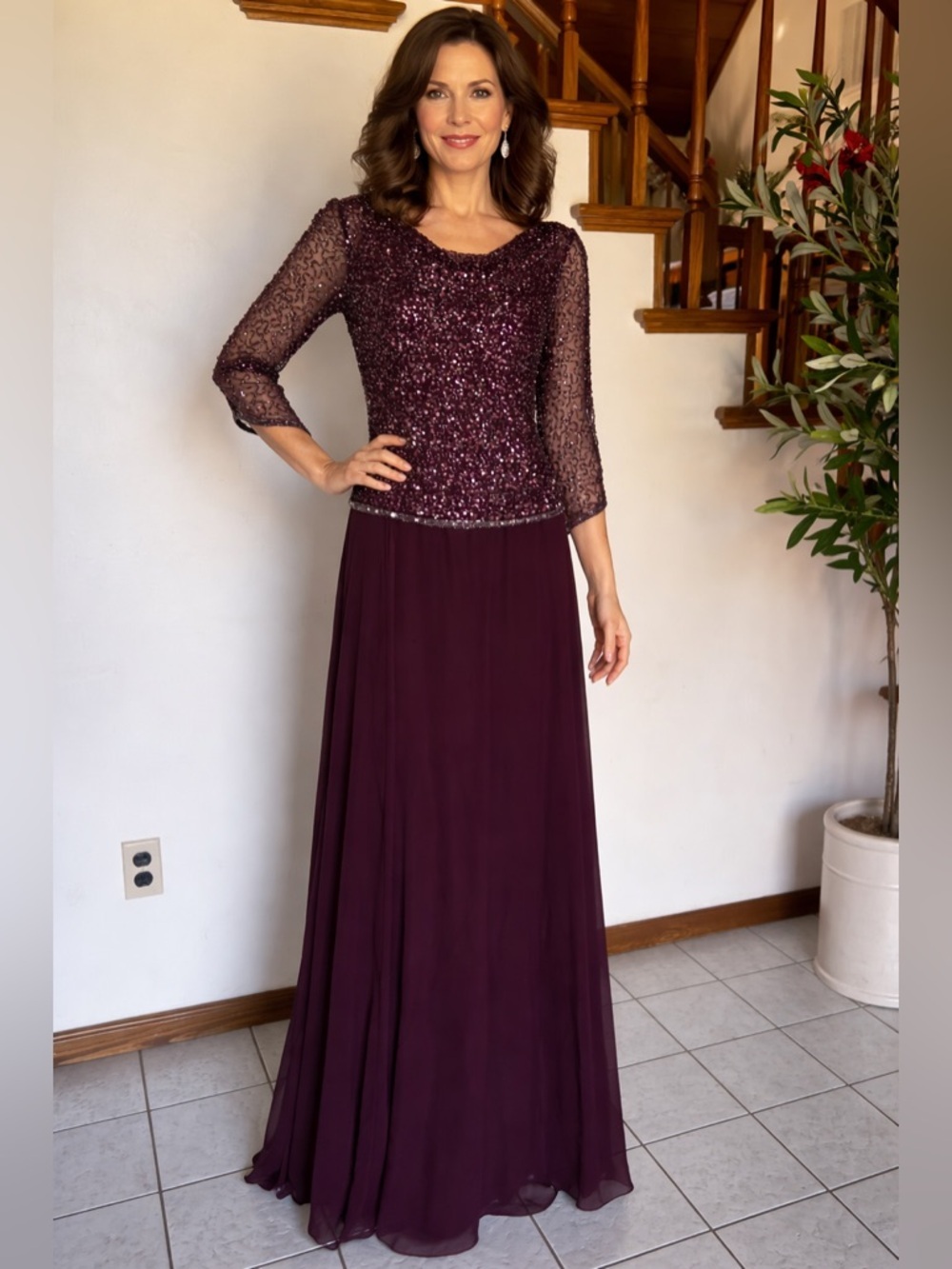JKara Beaded Chiffon Wine Dress Mother of the Bride Regular Size 6 Elegant Gown